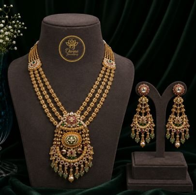 Divine Jewellery Gold Plated Royal Pendant Long Necklace Set with Designer Chandbali Earrings