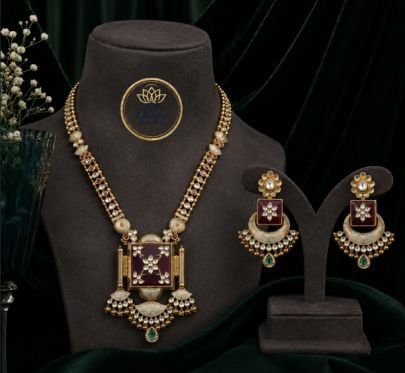 Divine Jewellery Gold Plated Silver Designer Pendant Necklace Set with Pearl Detailing & Statement Earrings for Women