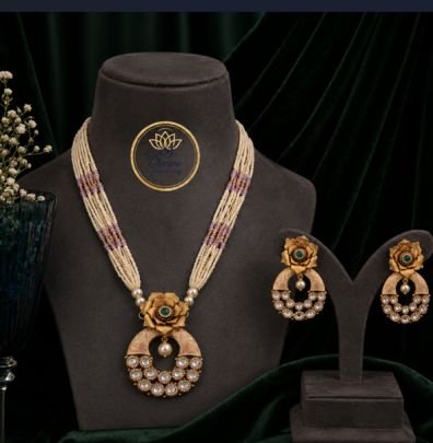 Divine Jewellery Gold Plated Silver Floral Pendant Pearl Mala Necklace Set with Designer Earrings for Women