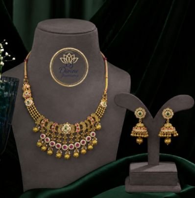 Divine Jewellery Gold Plated Silver Traditional CZ Necklace Set with Jhumka Earrings | Bridal Party Wear Necklace Set