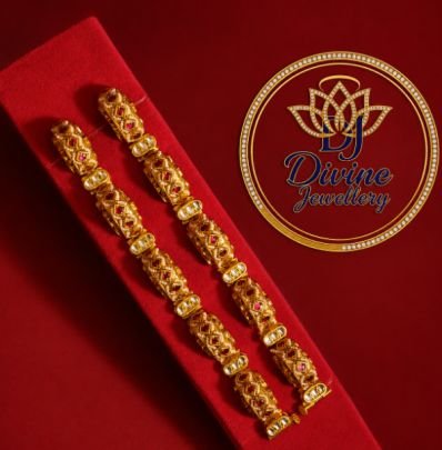 Divine Jewellery Gold Plated Silver Designer Kada Pair with Ruby Stone Detailing