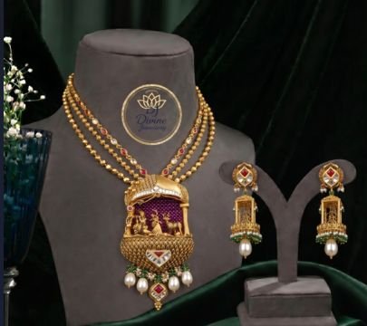 Divine Jewellery Gold Plated Temple Jewellery Set – Radha Krishna Handcrafted Pendant Necklace with Jhumka Earrings