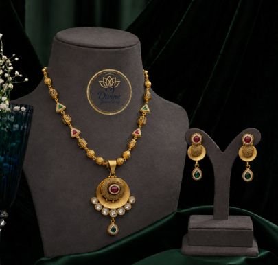 Divine Jewellery Gold Plated Traditional Pendant Necklace Set for Women | 92.5 Silver Base Designer Ethnic Necklace with Earrings