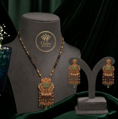 Divine Jewellery Gold Plated Traditional Mangalsutra Pendant Set with Green Stone Accents & Matching Earrings | 92.5 Silver Base Designer Ethnic Jewel