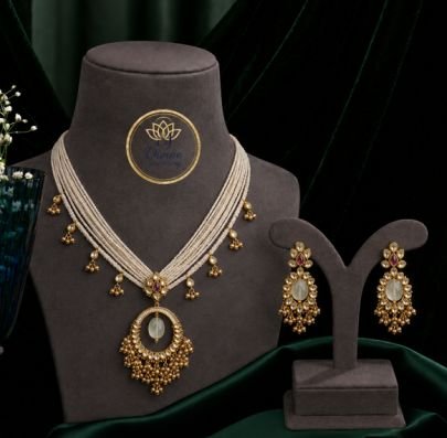 Divine Jewellery Gold Plated White Beaded Chandbali Necklace Set with Matching Earrings for Women