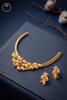 Divine Jewellery Golden Petal Bloom Statement Collar Set with Beaded Accent Chain