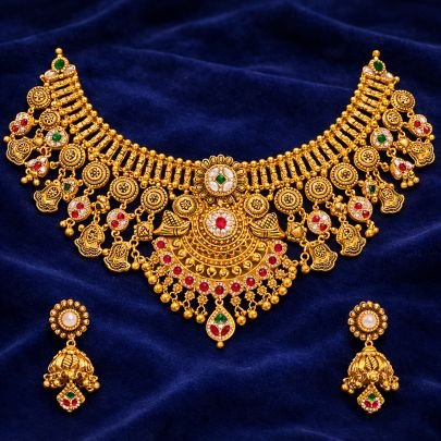 Divine Jewellery Grand Antique Temple Choker Necklace Set with Ruby Emerald Stones and Traditional Coin Charms
