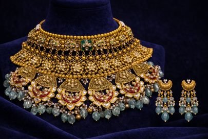 Divine Jewellery Grand Antique Kundan Temple Bridal Choker Set with Emerald Drop Beads & Statement Earrings in 92.5 Silver with Gold Plating