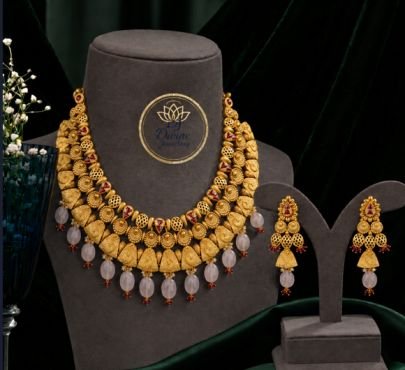 Divine Jewellery Grand Antique Layered Temple Necklace Set with Earrings for Women | 92.5 Silver Gold Plated Bridal Jewellery