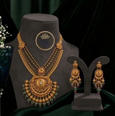 Divine Jewellery Grand Antique Layered Temple Necklace Set with Earrings for Women | Gold Plated Silver Base Bridal Jewellery