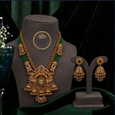 Divine Jewellery Grand Bridal Temple Haram Set with Green Beads and Antique Jhumka Earrings