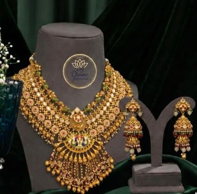 Divine Jewellery Grand Bridal Temple Gold-Plated 92.5 Silver Statement Necklace Set with Jhumka Earrings