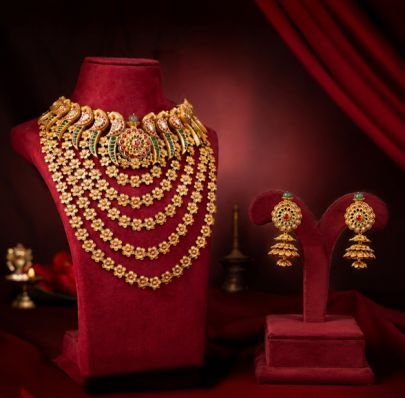 Divine Jewellery Grand Bridal Floral Layered Necklace Set with Earrings | Antique Gold Plated Wedding Jewellery Set