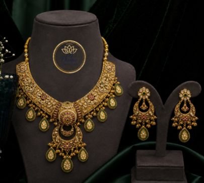 Divine Jewellery Grand Bridal Gold Plated Silver Necklace Set with Green Pear Drops