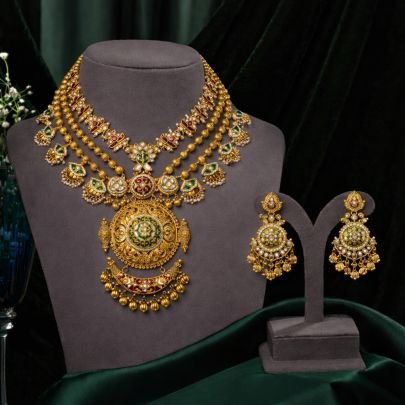 Divine Jewellery Grand Layered Temple 92.5 Silver Gold Plated Necklace Set with Statement Pendant and Jhumka Earrings