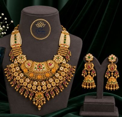 Divine Jewellery Grand Maharani Pearl Bridal Necklace Set with Jhumka Earrings | 92.5 Silver Gold Plated