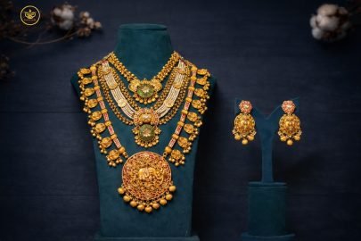 Divine Jewellery Grand Temple Bridal Haram Necklace Set with Lakshmi Pendant, Pearl Layers and Antique Finish