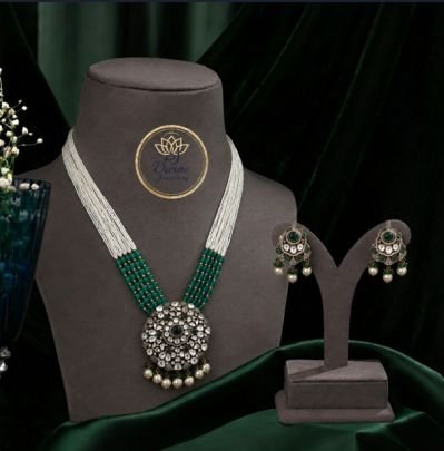 Divine Jewellery Green Beaded Kundan Pendant Necklace Set with Earrings for Women | 92.5 Silver Gold Plated Traditional Rajwadi Choker Haar