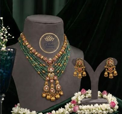 Divine Jewellery Green Beaded Kundan Bridal Necklace Set with Jhumka Earrings | Traditional Gold Plated Jewellery Set for Women