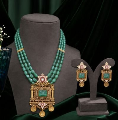 Divine Jewellery Green Beaded Necklace Set for Women, Traditional Pendant Necklace with Matching Earrings, Ethnic Bridal Jewelry Set for Wedding & Fes