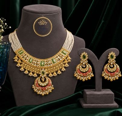 Divine Jewellery Green Kundan Meenakari Pearl Choker Necklace Set with Matching Chandbali Earrings | 92.5 Silver Gold Plated Bridal Wedding Jewellery