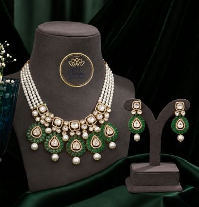 Divine Jewellery Green Kundan Pearl Choker Necklace Set with Matching Earrings | 92.5 Silver Gold Plated Bridal Wedding Jewellery