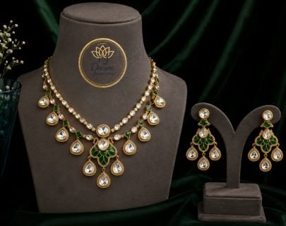 Divine Jewellery Green Kundan Necklace Set for Women | Gold-Plated Silver Base Bridal Jewellery with Matching Earrings | Wedding & Festive Wear
