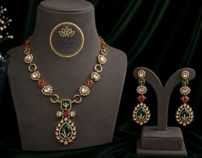 Divine Jewellery Green & Ruby Kundan Pendant Necklace Set for Women | Gold-Plated Silver Base Traditional Bridal Jewellery with Matching Earrings