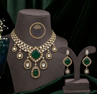 Divine Jewellery Green Stone Kundan Necklace Set for Women | Gold Plated Choker Necklace with Matching Earrings | Bridal Wedding Party Wear Jewelry Se