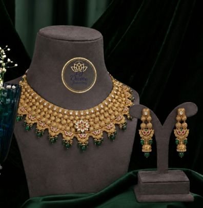 Divine Jewellery Heritage Kundan Green Bead Choker Necklace Set with Earrings | 92.5 Silver Gold Plated