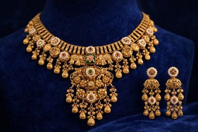 Divine Jewellery Heritage Temple Choker Set with Grand Pendant & Royal Jhumka Earrings in 92.5 Silver Gold Plated