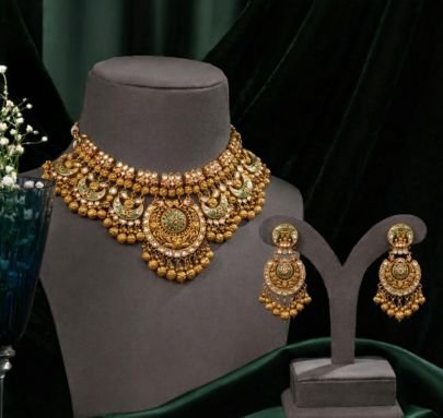 Divine Jewellery Heritage Temple Style 92.5 Silver Gold Plated Choker Necklace Set with Green Stone Detailing and Matching Earrings