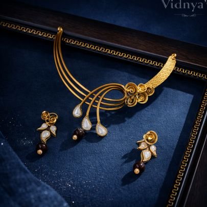 Divine Jewellery Imperial Swan Matte Gold Statement Necklace Set with Pearl Teardrop Accents & Artistic Floral Detailing