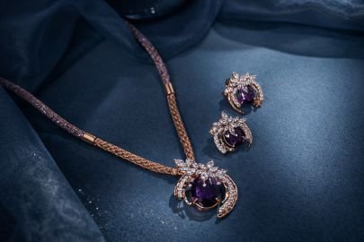 Divine Jewellery Imperial Violette Rose Gold Statement Necklace Set with Deep Purple Crystal Center & Diamond Bloom Detailing