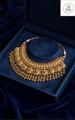 Divine Jewellery Kundan Festive Choker Necklace with Green Stone Motifs & Chain Danglers in 92.5 Silver with Gold Plating