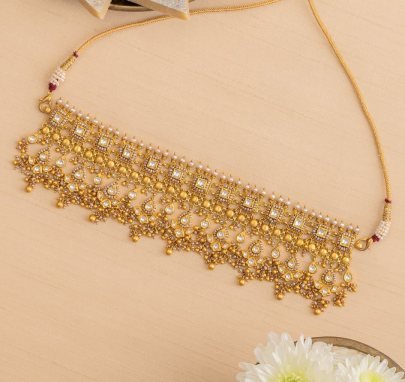Divine Jewellery Kundan Layered Fringe Choker with Pearl Detailing & Antique Drops in 92.5 Silver with Gold Plating
