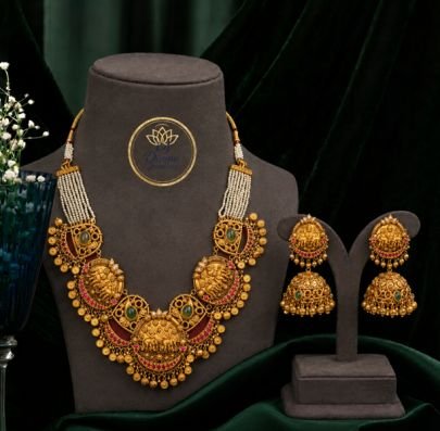 Divine Jewellery Lakshmi Temple Necklace Set with Pearl Layers and Traditional Jhumka Earrings