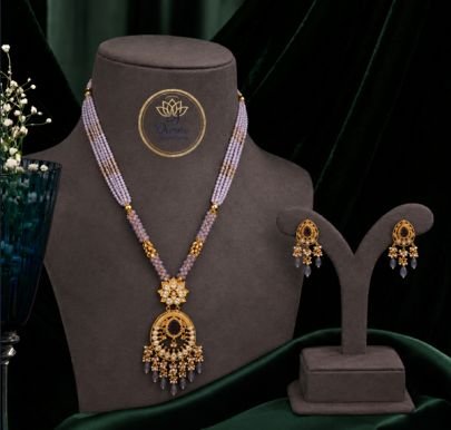 Divine Jewellery Lavender Beaded Gold-Plated Pendant Necklace Set with Crystal Drops & Matching Earrings