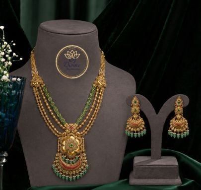 Divine Jewellery Layered Antique Pendant Necklace Set with Green Beads & Earrings | Traditional Gold Plated Jewellery