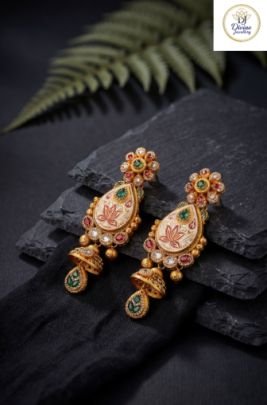 Divine Jewellery Lotus Motif Kundan Drop Earrings with Antique Jhumka Finish in 92.5 Silver with Gold Plating