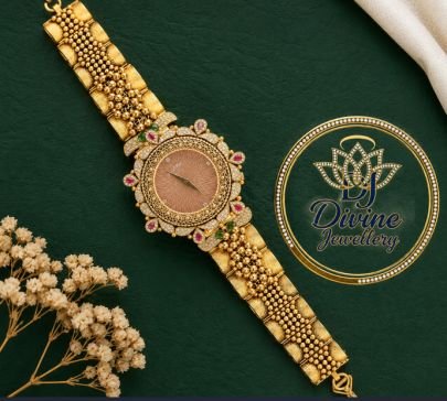 Divine Jewellery Luxury Diamond Studded Gold Plated Watch Bracelet for Women
