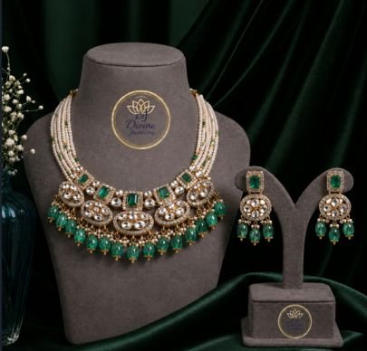 Divine Jewellery Luxury Emerald Green Kundan Choker Necklace Set for Women | Pearl Layered Bridal Jewellery Set with Earrings | Gold Plated Silver Bas