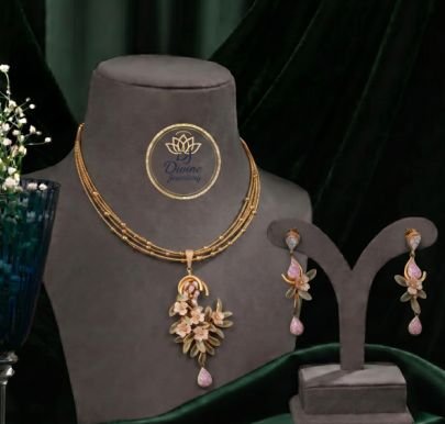 Divine Jewellery Luxury Floral Pendant Necklace Set for Women | 92.5 Silver Gold Plated Designer Jewellery with Earrings
