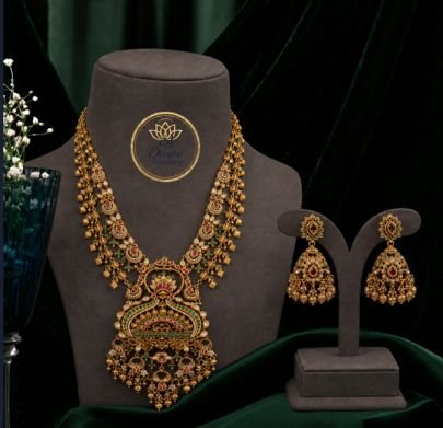 Divine Jewellery Luxury Peacock Temple Necklace Set with Green Stones and Designer Jhumka Earrings