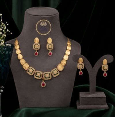 Divine Jewellery Matte Gold Plated Floral Necklace Set for Women | 92.5 Silver Designer Ethnic Jewellery Set with Earrings