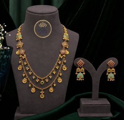 Divine Jewellery Mint Green Meenakari Layered Necklace Set with Matching Earrings | Gold Plated 92.5 Silver Traditional Jewellery