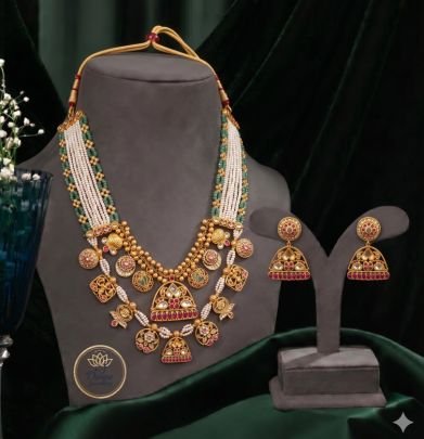 Divine Jewellery Multi Layer Pearl Temple Necklace Set with Antique Charms & Designer Earrings for Women