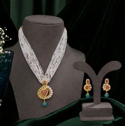 Divine Jewellery Multi-Layer Pearl Pendant Necklace Set with Earrings (92.5 Silver Gold Plated)