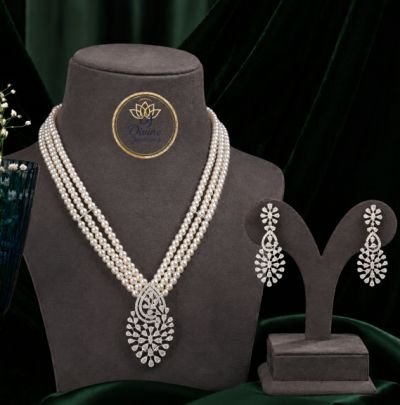 Divine Jewellery Multi-Layer Pearl Necklace Set with American Diamond Pendant & Matching Earrings for Women