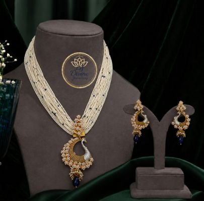 Divine Jewellery Multi-Layer White Bead Peacock Pendant Necklace Set with Matching Earrings | 92.5 Silver Base with Premium Gold Plating | Traditional